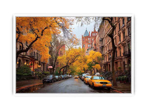 Autumn city street canvas art with yellow taxis and brownstone buildings for office decor.