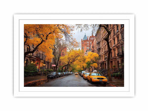 Autumn city street canvas art with yellow taxis and brownstone buildings for office decor.