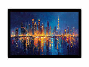 Dramatic blue city skyline canvas art with glowing reflections for luxury office decor.