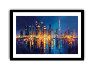 Dramatic blue city skyline canvas art with glowing reflections for luxury office decor.