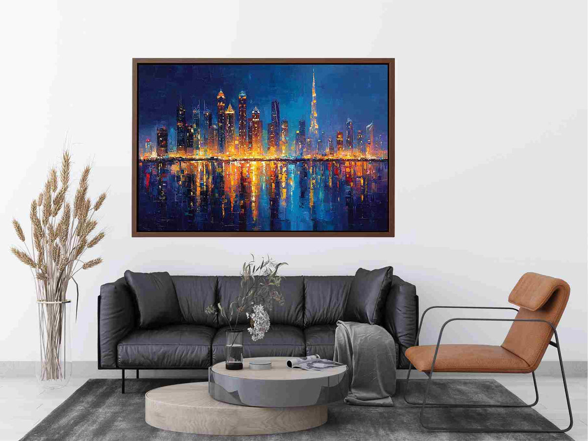 Dramatic blue city skyline canvas art with glowing reflections for luxury office decor.