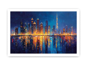 Dramatic blue city skyline canvas art with glowing reflections for luxury office decor.