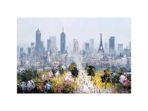 Soft Paris skyline canvas art with Eiffel Tower and blossoms for elegant bedroom decor.