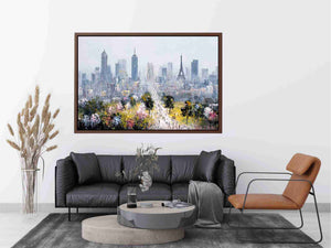 Soft Paris skyline canvas art with Eiffel Tower and blossoms for elegant bedroom decor.