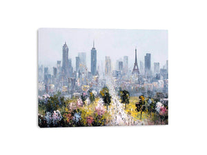 Soft Paris skyline canvas art with Eiffel Tower and blossoms for elegant bedroom decor.