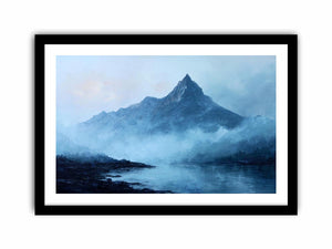 Moody blue mountain canvas art with mist and lake reflection for calm office decor.