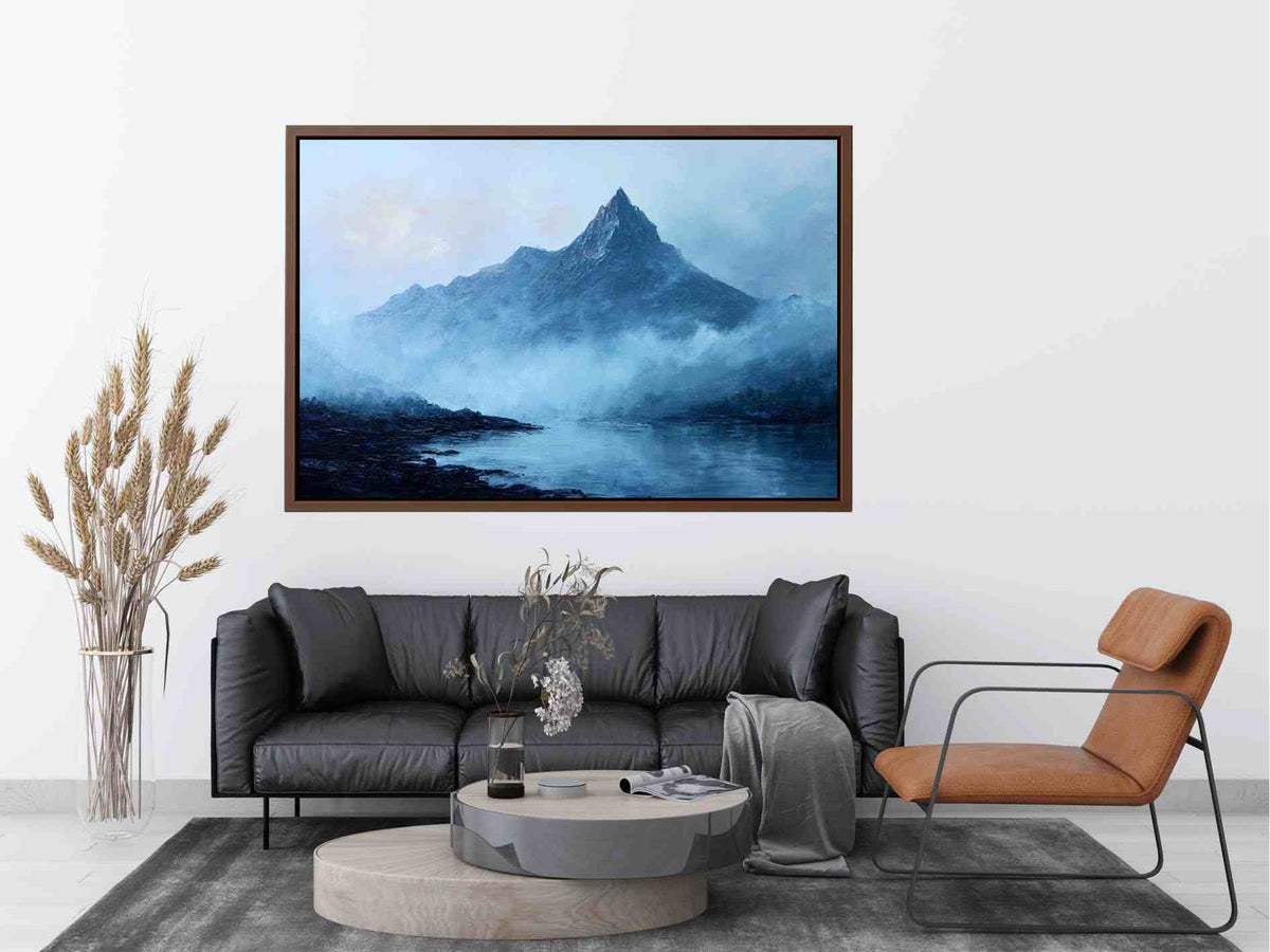 Moody blue mountain canvas art with mist and lake reflection for calm office decor.