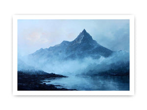 Moody blue mountain canvas art with mist and lake reflection for calm office decor.