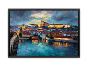 European Prague cityscape canvas art with river reflections for elegant living room decor.