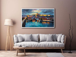 European Prague cityscape canvas art with river reflections for elegant living room decor.