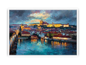 European Prague cityscape canvas art with river reflections for elegant living room decor.