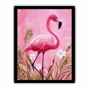 Pink flamingo canvas art with tropical flowers for nursery or playful bedroom decor.