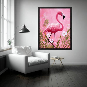 Pink flamingo canvas art with tropical flowers for nursery or playful bedroom decor.