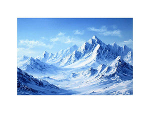 Snowy mountain range canvas art with blue alpine tones for modern living room decor.