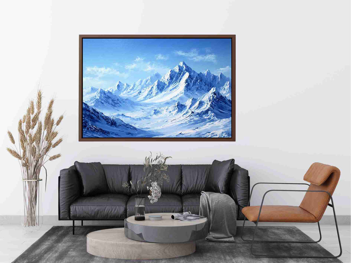Snowy mountain range canvas art with blue alpine tones for modern living room decor.