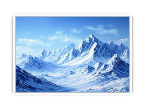 Snowy mountain range canvas art with blue alpine tones for modern living room decor.