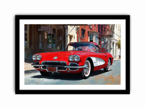 Red classic car canvas art with vintage street scene for office or mancave decor.