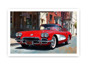 Red classic car canvas art with vintage street scene for office or mancave decor.