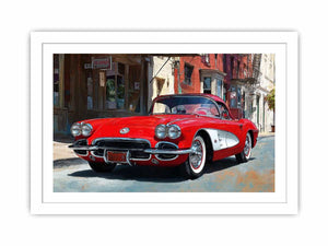 Red classic car canvas art with vintage street scene for office or mancave decor.