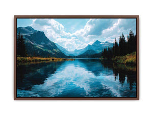 Crystal mountain lake canvas art with forest reflections for modern living room decor.