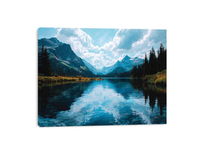 Crystal mountain lake canvas art with forest reflections for modern living room decor.