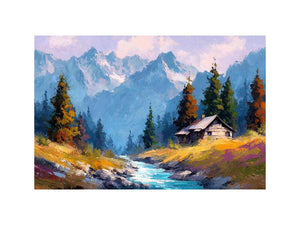 Rustic alpine cabin canvas art with mountain stream for cozy living room decor.
