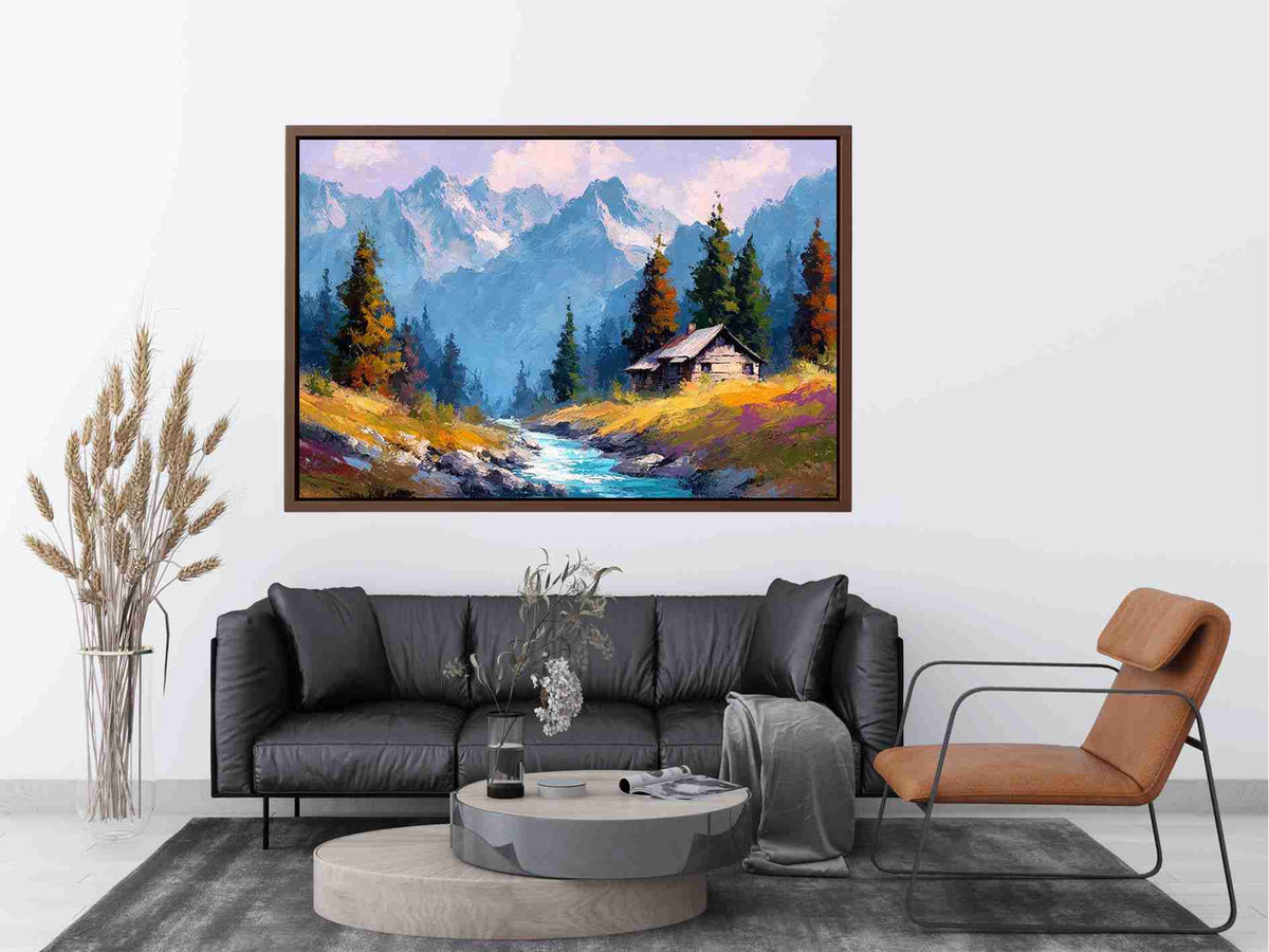 Rustic alpine cabin canvas art with mountain stream for cozy living room decor.