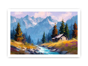 Rustic alpine cabin canvas art with mountain stream for cozy living room decor.