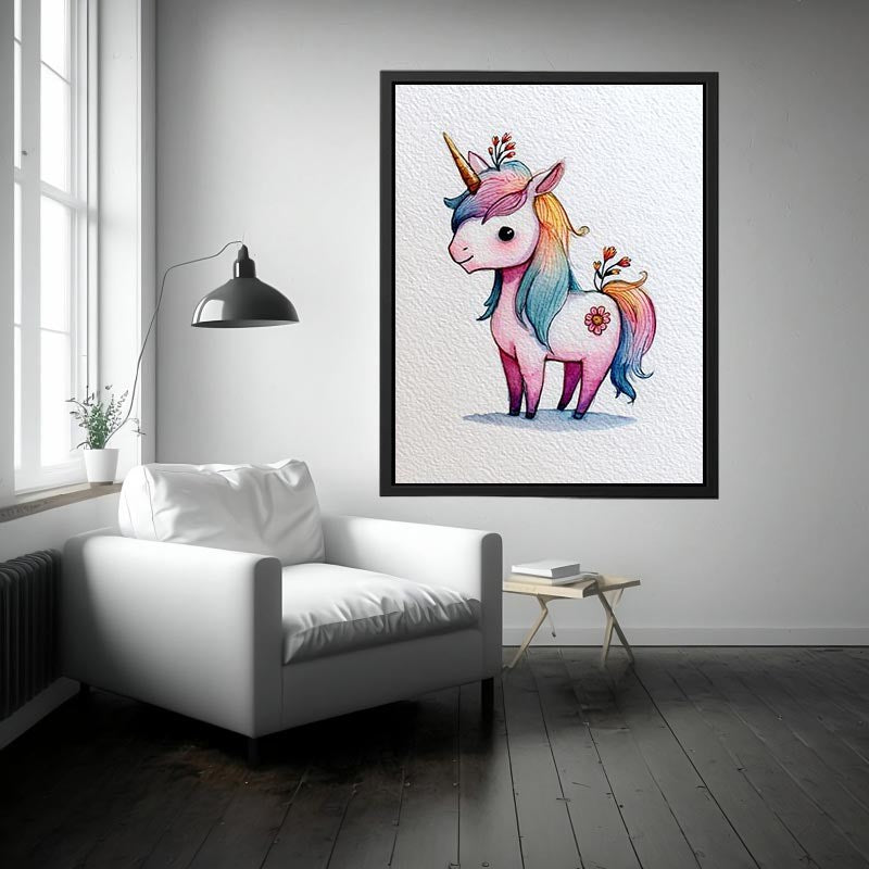 Pastel unicorn canvas art with rainbow mane and flowers for nursery decor.