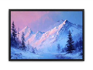 Blue and blush mountain landscape canvas art for serene modern living room decor.