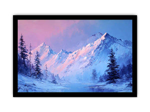 Blue and blush mountain landscape canvas art for serene modern living room decor.