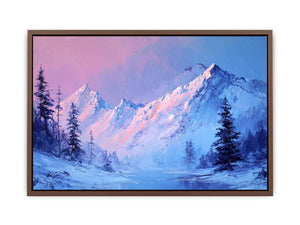 Blue and blush mountain landscape canvas art for serene modern living room decor.
