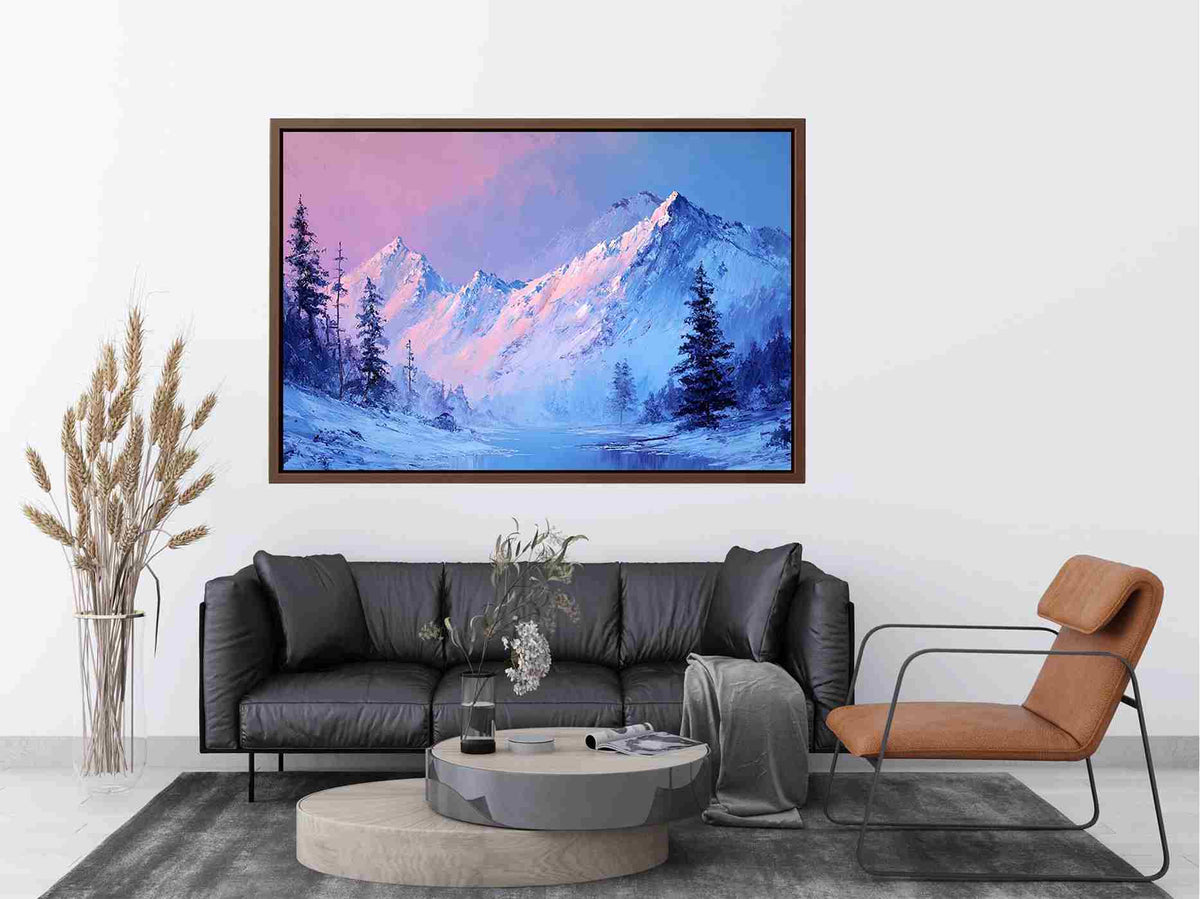 Blue and blush mountain landscape canvas art for serene modern living room decor.