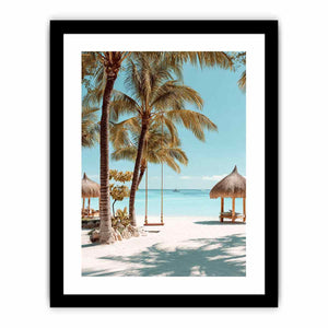Tropical beach canvas art with palm trees and swing for airy bedroom decor.