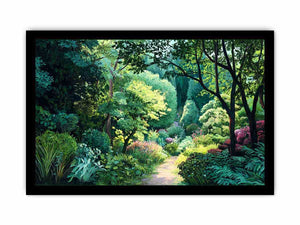Lush green garden path canvas art for calm biophilic living room decor.