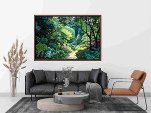 Lush green garden path canvas art for calm biophilic living room decor.