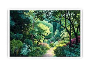 Lush green garden path canvas art for calm biophilic living room decor.