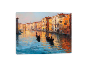 Venice canal canvas art with gondolas and warm reflections for elegant living room decor.