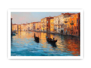 Venice canal canvas art with gondolas and warm reflections for elegant living room decor.