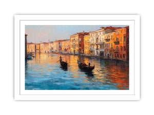 Venice canal canvas art with gondolas and warm reflections for elegant living room decor.