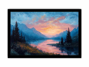 Mountain lake sunrise canvas art with pink clouds for peaceful bedroom decor.