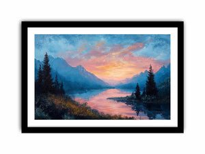 Mountain lake sunrise canvas art with pink clouds for peaceful bedroom decor.
