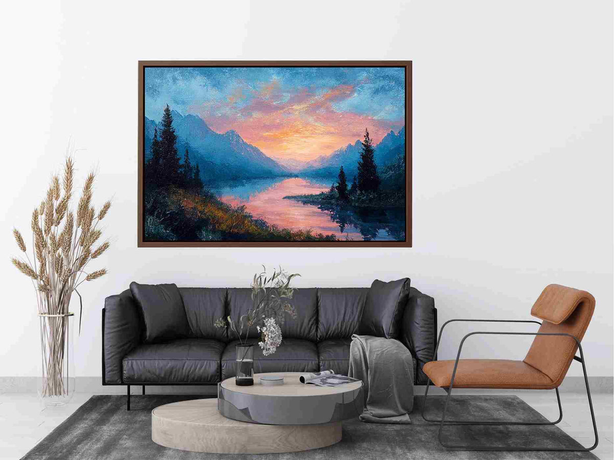 Mountain lake sunrise canvas art with pink clouds for peaceful bedroom decor.