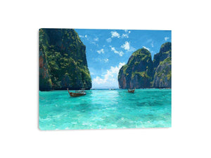 Turquoise tropical cove canvas art with boats and cliffs for bright coastal living room decor.