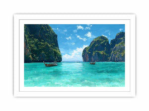 Turquoise tropical cove canvas art with boats and cliffs for bright coastal living room decor.