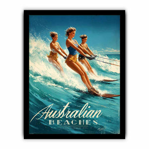 Vintage Australian beach poster art with women water skiing for playful coastal decor.