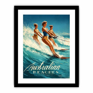 Vintage Australian beach poster art with women water skiing for playful coastal decor.