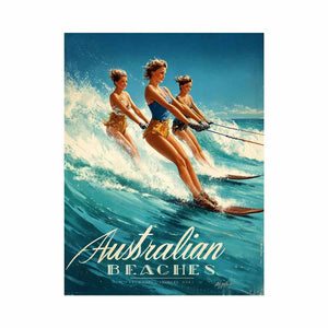 Vintage Australian beach poster art with women water skiing for playful coastal decor.