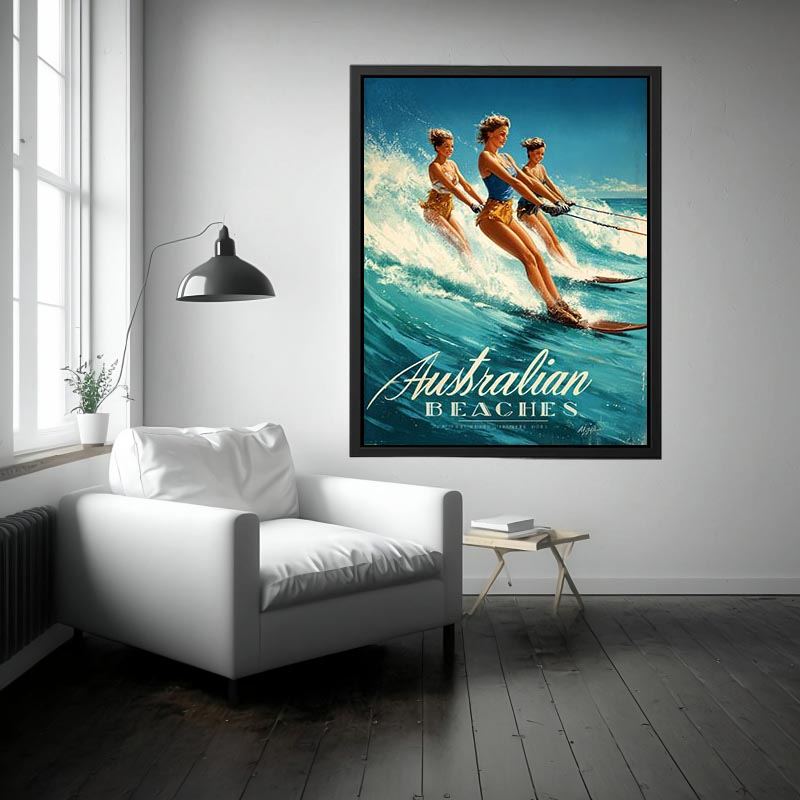 Vintage Australian beach poster art with women water skiing for playful coastal decor.
