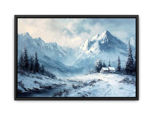 Snowy mountain cabin canvas art for serene rustic modern living room decor.